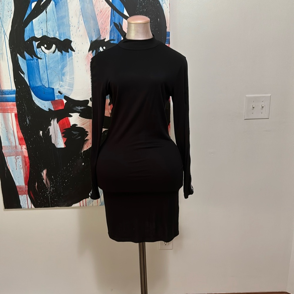 Black bodycon, mock turtleneck, mini dress